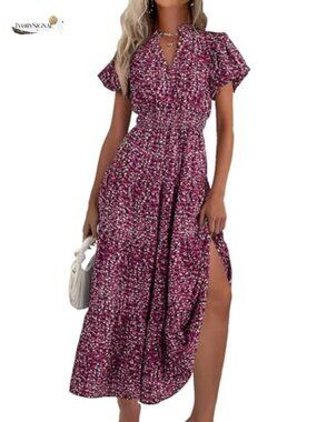 Boho Floral Smocked Maxi Dress with Puff Sleeves and Side Pockets